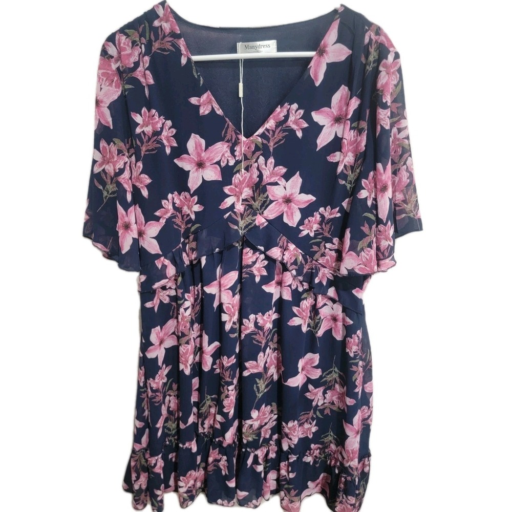 Manydress Women XL Navy Pink Floral V-Neck Ruffle Mini Dress Flutter Sleeve NWOT